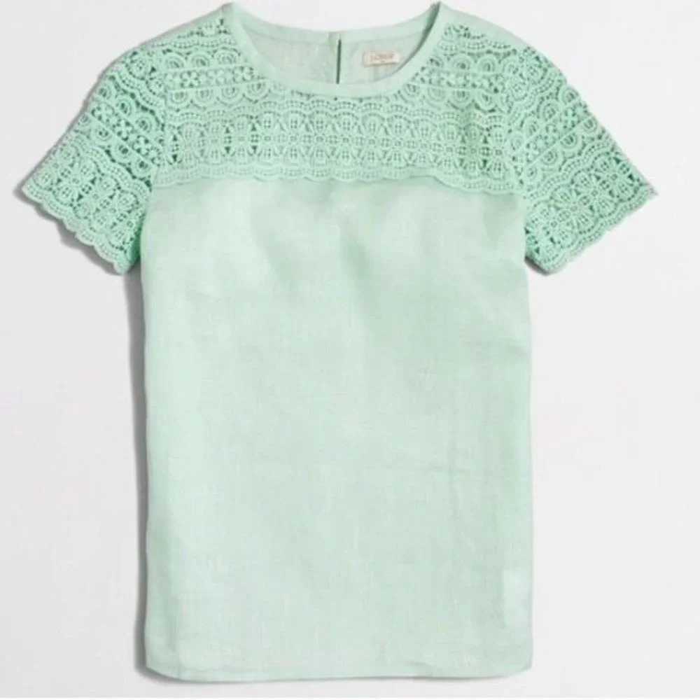 J Crew Mint Crochet Lace Cap Sleeve‎ Linen Blouse